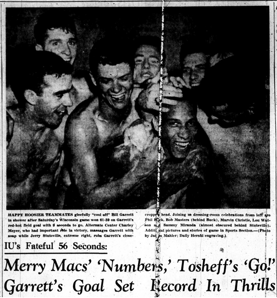 Bill Garrett celebrates with his teammates after scoring IU's game-winning basket against Wisconsin in January 1950. Image credit: Bloomington Daily Herald, January 9, 1950, 1