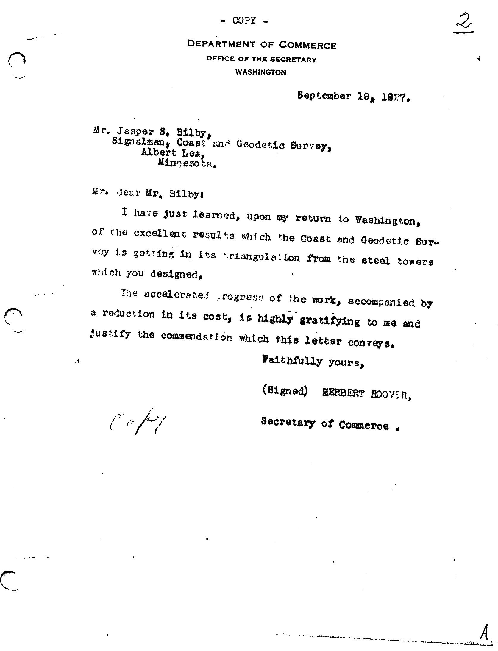 Letter from Secretary of Commerce Herbert Hoover to Jasper Sherman Bilby. Hoover commends Bilby for his invention of the Bilby Steel Tower. Courtesy of Surveyors Historical Society Collection.