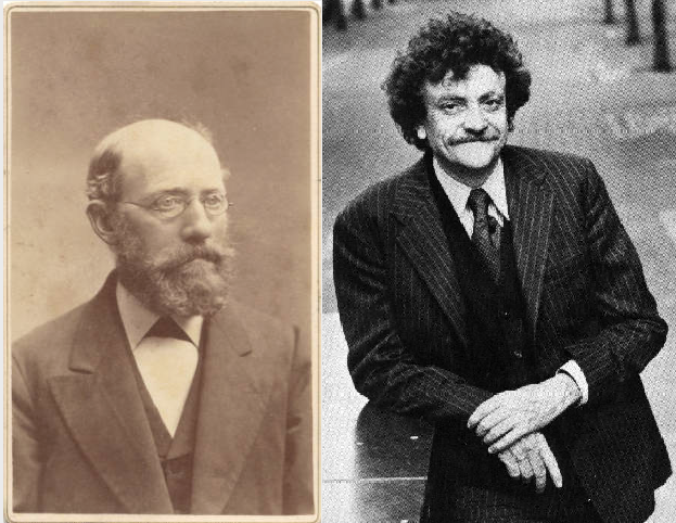 Clemens (Left) was the Vonnegut family patriarch and lifelong freethinker. Kurt, Jr. (Right) was the great-grandson who carried his humanist heritage into his writing. Images courtesy of IUPUI University Library, Special Archives and Collections/citelighter.com. 