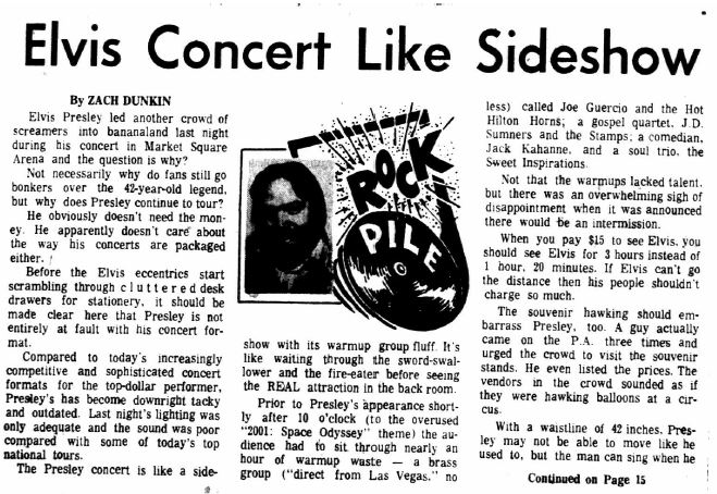 The first page of Zach Dunkin's critical piece on Elvis's last concert. Image courtesy of Indiana State Library. 
