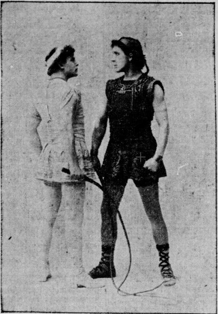 Basill Gill as Messala (Left) and William Farnum as Ben-Hur (Right) in the 1902 Indianapolis production. Courtesy of Hoosier State Chronicles. 