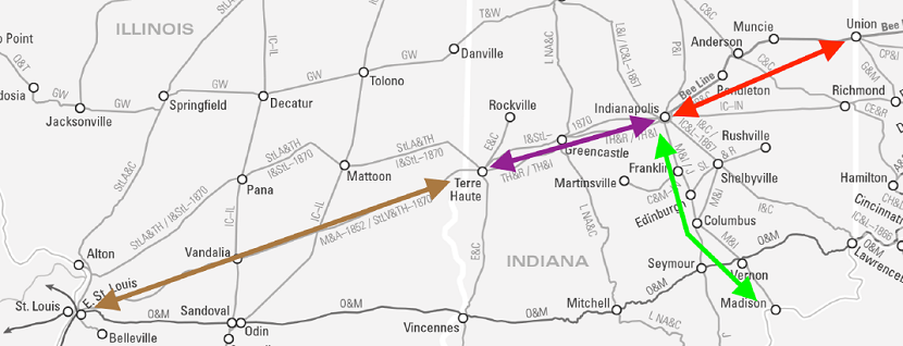 Map of the Madison and Indianapolis, Indianapolis and Bellefontaine, Mississippi and Atlantic, Terre Haute and Richmond railroads annotated