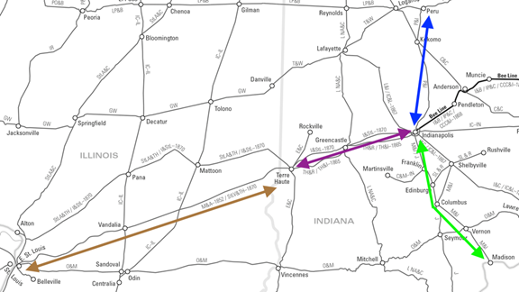 image of The Madison and Indianapolis Railroad [M&I] and involved roads: the Peru and Indianapolis Railroad [P&I], extending north from Indianapolis, and the Mississippi and Atlantic Railroad [M&A], extending west to St. Louis. Terre Haute and Richmond [TH&R]