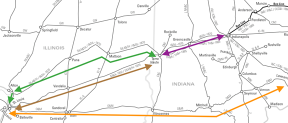 Railroads west from Indiana, including the Terre Haute and Richmond [TH&R], Ohio and Mississippi [O&M], Mississippi and Atlantic [M&A], and St. Louis, Alton and Terre Haute [StLA&TH]