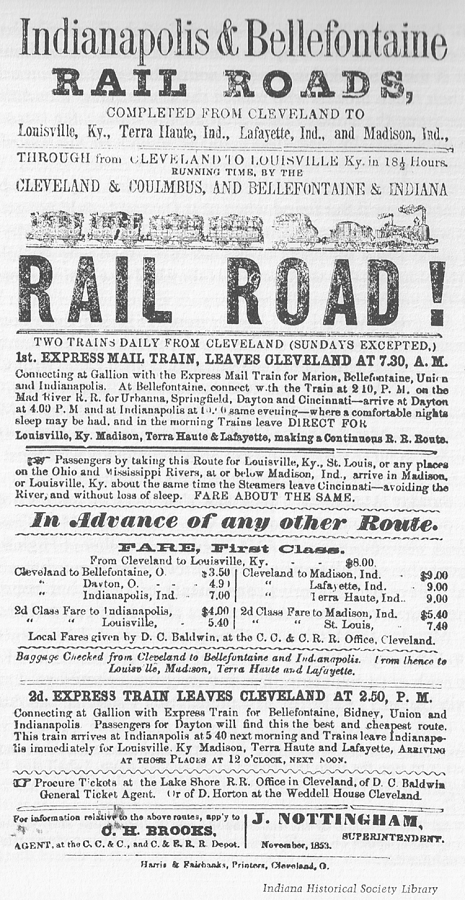 Indianapolis and Bellefontaine Railroad 1853 advertisement-schedule