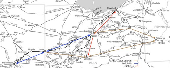 Map of midwestern railroads c1860, annotated to show Bee Line component railroads and intersecting rail lines to Pittsburgh