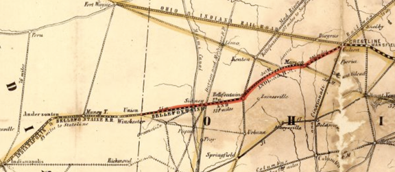 Bee Line railroads map, excerpt from Bellefontaine and Indiana 1852 Railroad Map