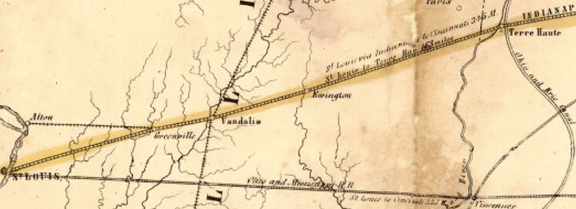 Proposed Mississippi and Atlantic Railroad route map, excerpt from 1852 Bellefontaine and Indiana Railroad Map