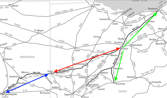 Map of Bee Line Railroad Component Lines: the Indianapolis, Pittsburgh and Cleveland, the Bellefontaine and Indiana, and Cleveland, Columbus and Cincinnati