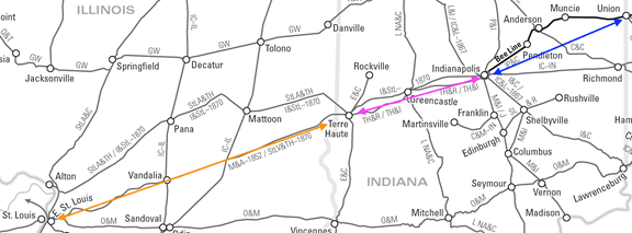 Map of the proposed route of the Mississippi and Atlantic Railroad, the Terre Haute and Richmond Railroad, and the Indianapolis, Pittsburgh and Cleveland Railroad