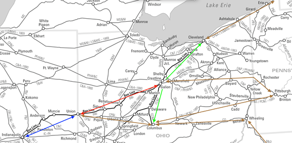 Map of the Bee Line Railroad component lines, and Columbus, Piqua and Indiana and other roads aligned with the B&O (to Wheeling WV), Pennsylvania (to Pittsburgh PA) and New York Central (to Buffalo NY) trunk lines.