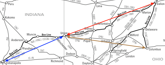 Map of the Bee Line’s Bellefontaine Line joint operating railroads and the Columbus, Piqua and Indiana Railroad