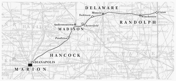 Map of the Indianapolis, Pittsburgh and Cleveland Railroad (formerly the Indianapolis and Bellefontaine Railroad), ca. 1855