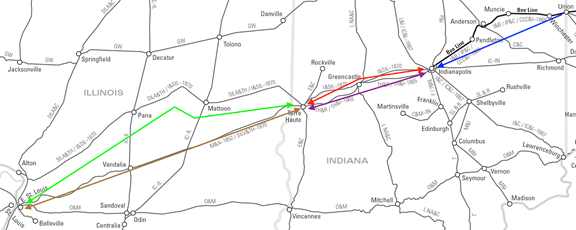 Annotated Map of the routes of the St. Louis, Alton and Terre Haute; St. Louis, Vandalia and Terre Haute; Indianapolis and St. Louis; Terre Haute and Indianapolis; Indianapolis, Pittsburgh and Cleveland railroads