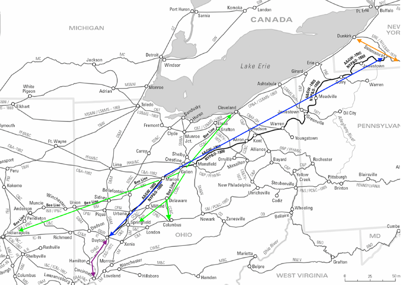 Routes of the Atlantic and Great Western Railway, Erie Railway, Cleveland, Columbus, Cincinnati and Indianapolis Railway, Cincinnati, Hamilton and Dayton Railroad